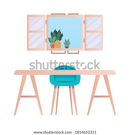desk with chair in front of window with plants design, Home room decoration interior living building apartment and residential theme Vector illustration