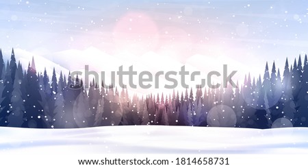 Vector illustration. Flat landscape. Snowy background. Snowdrifts. Snowfall. Clear blue sky. Blizzard. Cartoon wallpaper. Winter season. Forest trees and mountains. Design for website, poster, banner Royalty-Free Stock Photo #1814658731