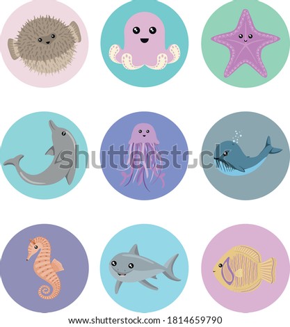 Cartoon vector stickers "Sea animals" on the colored background in the form of a circle.