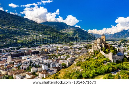 Aerial view of the Valere Basilica in Sion - the canton of Valais, Switzerland Royalty-Free Stock Photo #1814671673