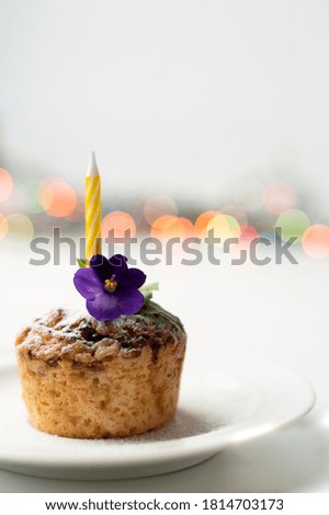 Cupcake with a candle and decor on a white plate with festive lights in the background.