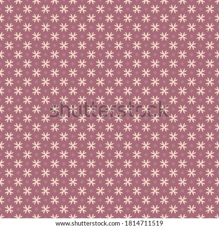 Vector geometric floral pattern. Subtle seamless texture. Abstract ornament with small flower shapes, crosses, tiny diamonds. Simple background in dark pink color. Elegant design for decor, fabric