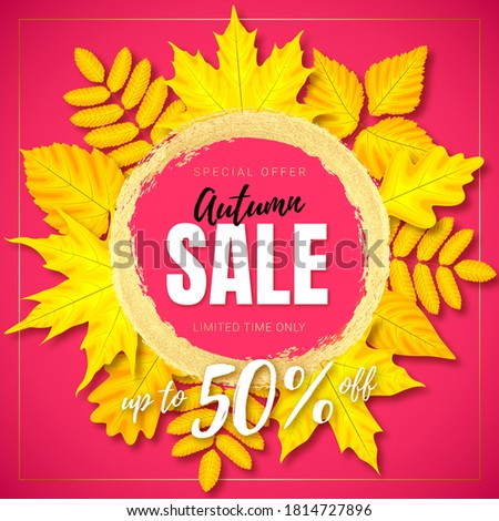 Vector poster with 3d wreath of yellow maple and other leaves. Text Autumn Sale in golden textured circle on pink background. 