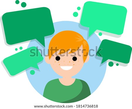 Young man and chat. Avatar of the boy in the circle for the app. Flat cartoon Cloud text bubble dialog. Conversation and Talk.