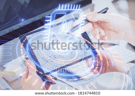 Multi exposure of man's hands holding and using a digital device and data theme drawing. Innovation concept.
