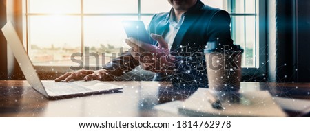 Businessmen people using smartphones in modern offices with line dots in banner size. Futuristic and Internet cyber data link and network theme for Business and Connection concept. Royalty-Free Stock Photo #1814762978