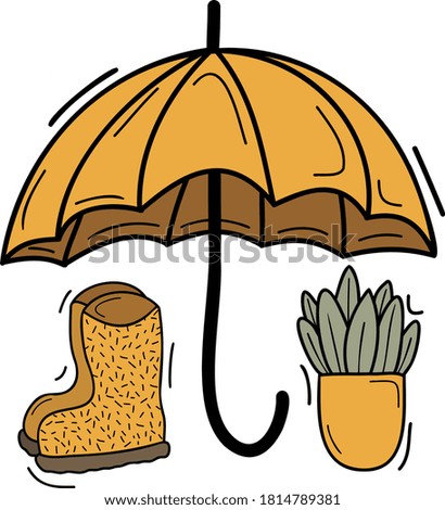 
doodle autumn set with colored elements, rubber boots, umbrella, house plant, hand drawn illustration