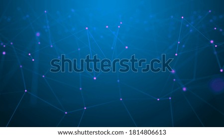Blue network mesh grid wireframe with pink particle dots over blue background, technology network, communication or connection concept, 3D illustration