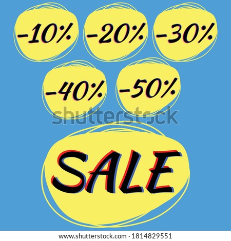 Discount set for the sale of goods. Stickers with -50% discount. Promotional offer in the style of anaglyph. Vector design for print flyers, signage, hay and online store.