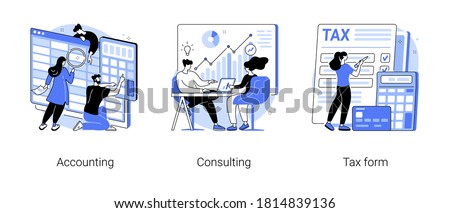 Financial information abstract concept vector illustration set. Accounting, consulting, tax form, tax filing, audit service, online application software, business strategy abstract metaphor. Royalty-Free Stock Photo #1814839136