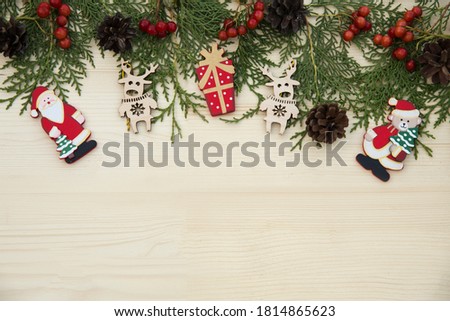 decorations for the tree on a wooden background.  Flat lay Christmas. Background for New Years card. Christmas tree decoration.