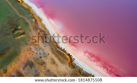 Top view of the salt-covered shore of Pink Lake. Royalty-Free Stock Photo #1814875508