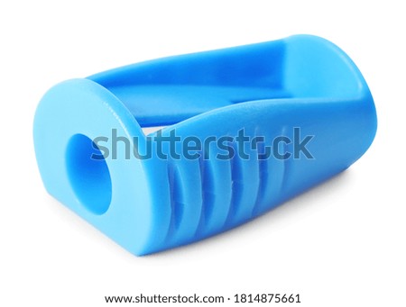 Bright blue pencil sharpener isolated on white. School stationery