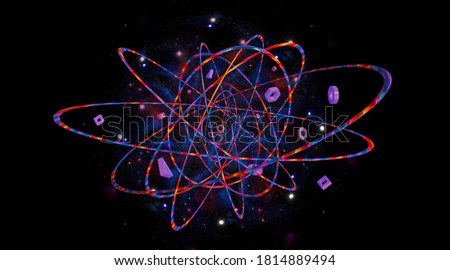 Atom molecule on space background as concept of science. 3d rendering, shape elements, design structures, colorful, elliptical shaped gradient and spheres over starry sky.