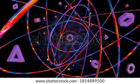 Atom molecule on space background as concept of science. 3d rendering, shape elements, design structures, colorful, elliptical shaped gradient and spheres over starry sky.