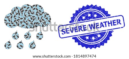 Severe Weather rubber seal and vector recursive mosaic rain cloud. Blue seal has Severe Weather title inside rosette. Vector mosaic is designed with repeating rotated rain cloud icons.