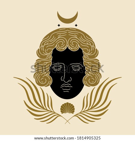 Vector hand drawn illustration of antique head with moon, shell, floral elements isolated. Creative artwork with woman's face.Template for card, poster, banner, print for t-shirt, pin, badge, patch.