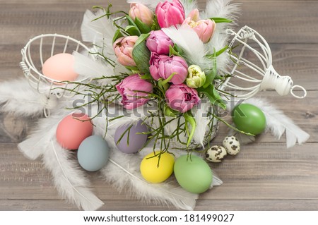 pink tulip flowers and easter eggs. romantic style decoration