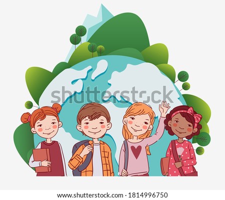 Cute boys and girls with books. Back to school vector concept