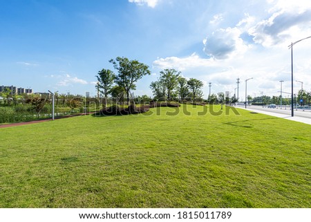 green lawn with road in city park