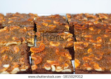 A select focus close-up picture dessert Toffee Cake is a snack with delicious food sticky sweet chocolate as an ingredient as a homemade cooking.