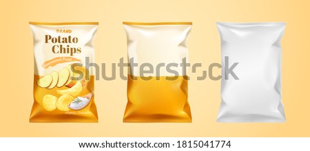 Potato chips package design, set of foil bags isolated on biege background in 3d illustration Royalty-Free Stock Photo #1815041774