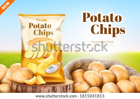 Salty flavoured potato chips advertisement in 3d illustration, Potato chips package over a wood log with a sack full of fresh potatoes Royalty-Free Stock Photo #1815041813