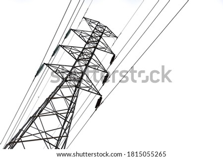 High voltage electricity post with High voltage electricity wires in white sky background.