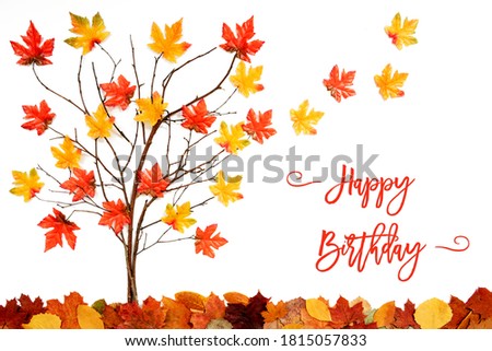 Tree With Colorful Leaf Decoration, Leaves Flying Away, Text Happy Birthday
