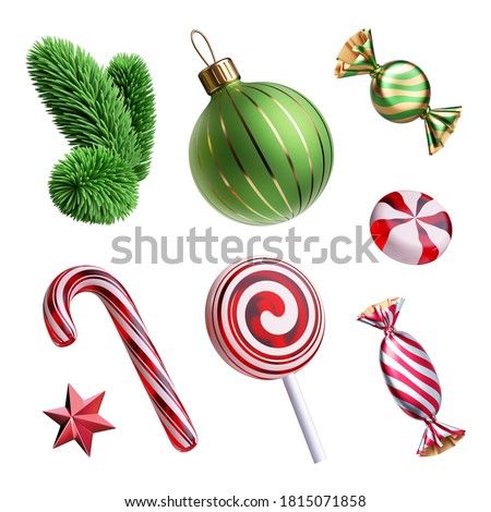 3d render, set of Christmas tree ornaments: glass ball, star, candy cane, caramel sweets, evergreen spruce twig. Decorative elements collection, festive clip art isolated on white background.