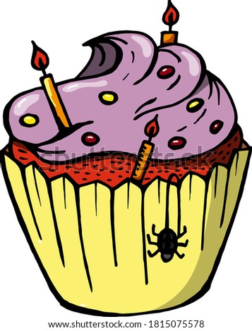 Halloween cupcake with purple cream and candles. A cute scary dessert perfect for party invitations. Vector illustration isolated on white background.