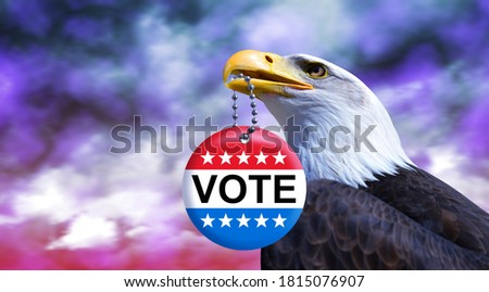 Bald eagle (symbol of the USA) holding badge for voting in 2020 American elections in his beak.