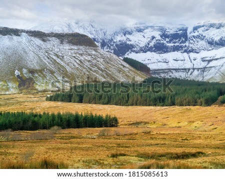 Winter landscape, Mountains slope covered with snow. Nobody. The Gleniff horseshoe drive, county Sligo, Ireland.