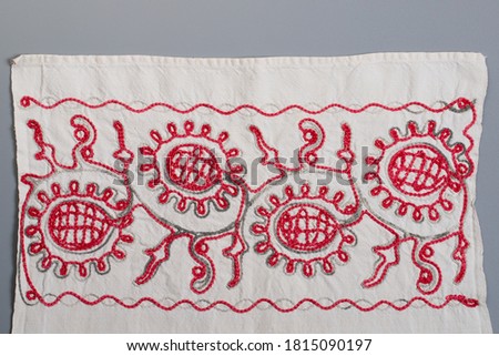 hand embroidery on linen and cotton fabric, homespun cloth, Richelieu and mesh, background