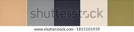 Set of 5 fashionable classic neutral pantone colors of spring-summer 2021 season: desert mist, ultimate gray, inkwell, buttercream, willow. Texture of colored paper for watercolor and pastel