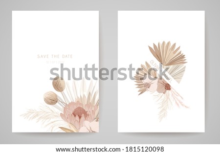 Wedding invitation dried tropical palm leaves, flowers card, dry pampas grass watercolor minimal template vector. Botanical Save the Date golden foliage modern poster, trendy design, luxury background Royalty-Free Stock Photo #1815120098