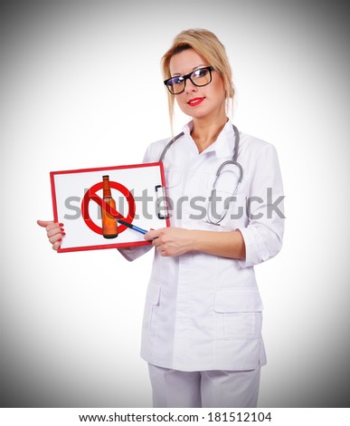 female doctor holding clipboard with stop alcohol symbol