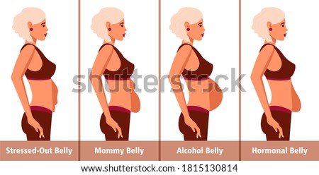 Types of Tummies for women. Post-pregnancy, menopausal hormonal belly, beer belly, bloating belly and overweight. Royalty-Free Stock Photo #1815130814