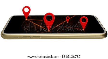 3d illustration, 3d isometric mobile phone, smartphone ready identified on map application. And the red pin set the coordinates Mobile gps map navigation concept with Clipping Path. For decoration.