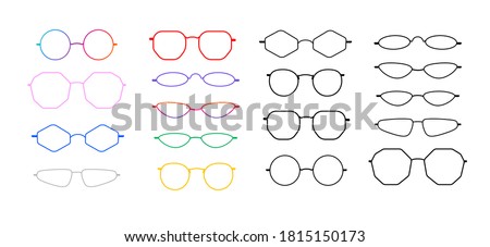 Set of trendy glasses frames with oval, round, polygonal shapes. Colourful plastic and simple black. Isolated on white. Without lenses. 2020 trend.