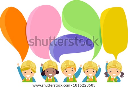 Illustration of Stickman Kids Wearing Construction Yellow Hard Hats with Blank and Colorful Speech Bubbles