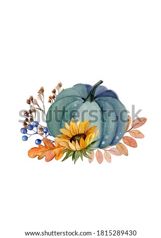 Watercolor pumpkin composition, floral and vegetable composition, , Halloween pictures, autumn design elements. Harvest illustration isolated on white background