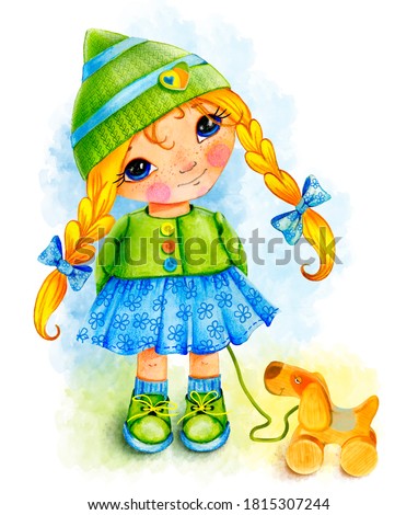 Little cute girl in a green knitted hat and a beautiful dress smiles, stands, holds a toy wooden dog in her hands, watercolor drawing, girl with long braids blonde
