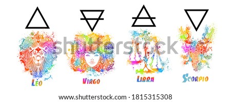 A set of zodiac signs. T-shirt print. Symbol for tattoo. Mixed media. Multi-colored objects. Elements of water, earth, fire and air. Vector illustration