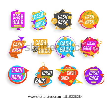 Collection of cashback banners. Super sale, best seller phrases, shopping, retail, announcement. Cash back, colorful lettering set. Advertising badges for your business. Vector illustration.
