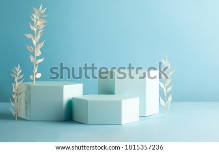 Abstract background with hexagon shape podiums for products presentation or exhibitions. Composition of different geometric objects with copy space.