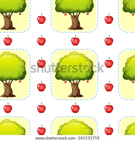 Illustration of a seamless design with apples and trees on a white background