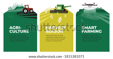 Set of vectors with agriculture, harvest, smart farming. Illustrations of plowing tractor in field, combine harvester, drone in farm land. Landscape scenes. Agricultural banners. Design poster, flyer Royalty-Free Stock Photo #1815381071