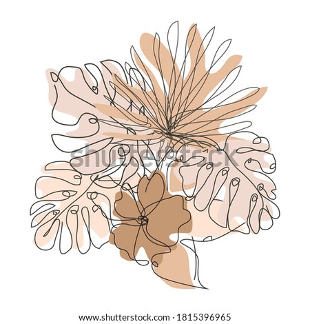 Decorative hand drawn hibiscus and tropical leaves, design element. Can be used for cards, invitations, banners, posters, print design. Continuous line art style