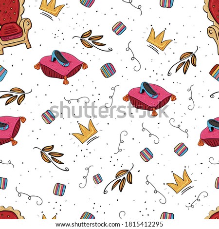 A Royal Shoe on a pillow and a crown, throne. Pattern. Doodle elements. Vector Seamless texture. Vector doodle illustration on white backgrounds.